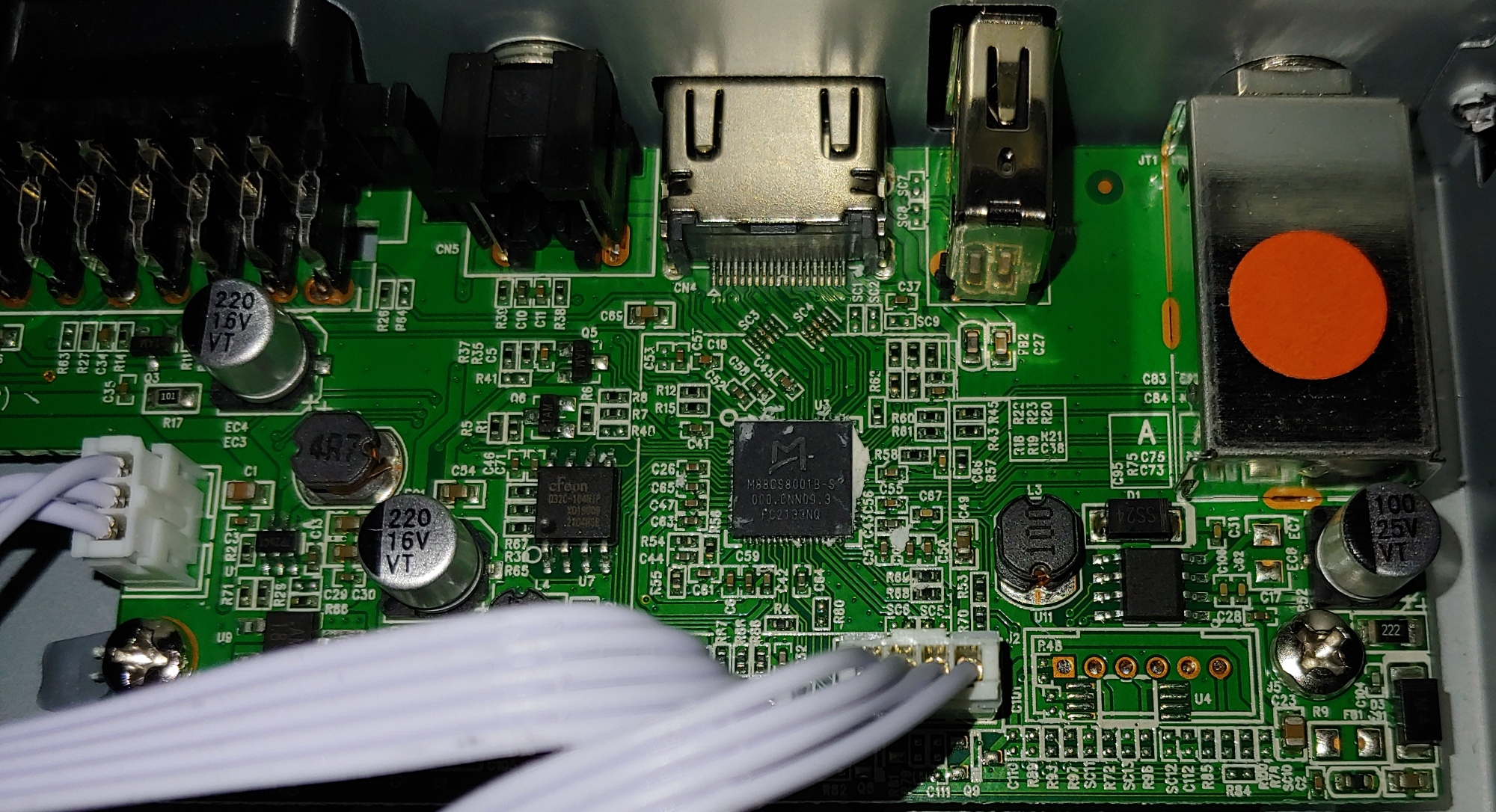 PCB with chip with 'M' logo, M88CS8001